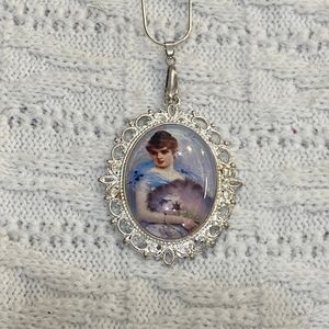 Vintage Style Glass Cabochon Victorian Lady in White with Fan Pendant Necklace